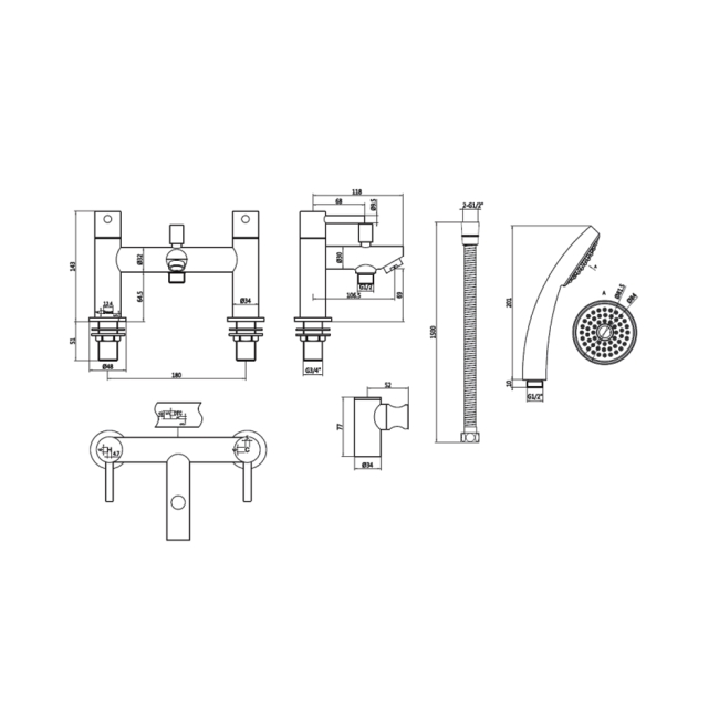 Deva Insignia Pillar Mounted Bath Shower Mixer Tap - Chrome  | Dimension Image