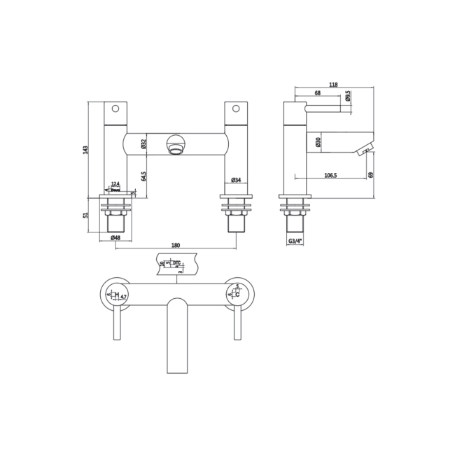 Deva Insignia Pillar Mounted Bath Filler Tap - Chrome  | Dimension Image
