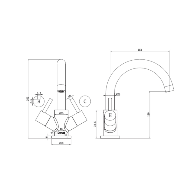 Deva Insignia Mono Basin Mixer Tap Dual Handle with Press Top Waste - Chrome  | Dimension Image