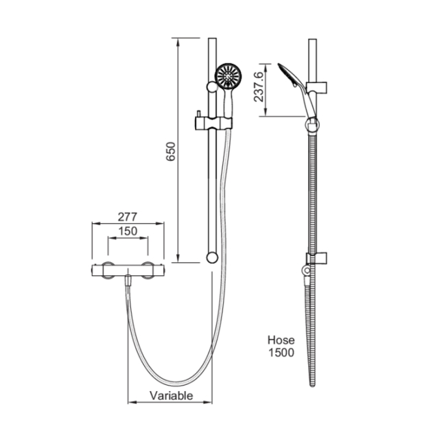 Deva Kestrel MK2 Cool To Touch Bar Shower Valve with Multi Mode Shower Kit - Chrome  | Dimension Image