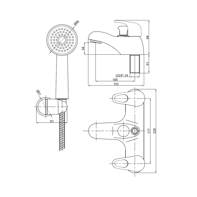 Deva Lace Deck Mounted Bath Shower Mixer Tap - Chrome  | Dimension Image