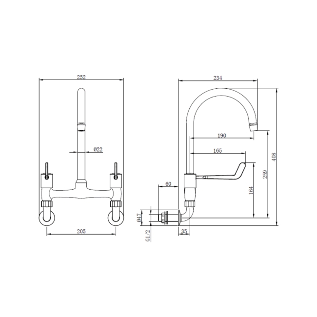 Deva Kitchen Sink Mixer Tap Wall Mounted 6 Inch Lever Handles Chrome  | Dimension Image