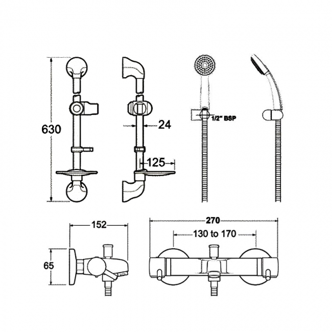 Deva Lever Pillar Mounted Bath Shower Mixer Tap - Chrome Hose & Slide Rail Kit
