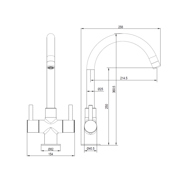 Deva Metropolis Mono Kitchen Sink Mixer Tap Chrome  | Dimension Image
