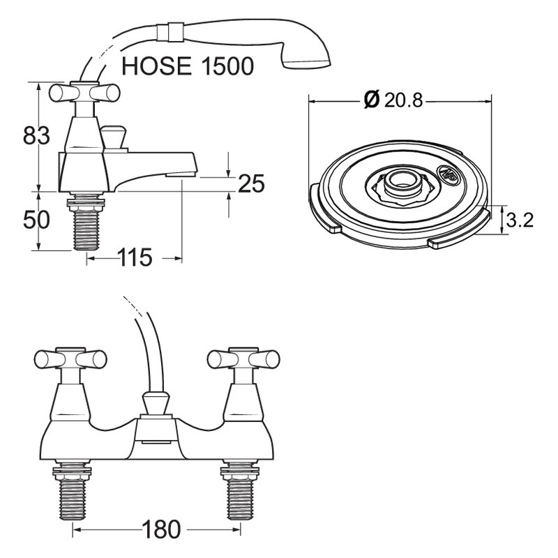 Deva Milan Deck Mounted Bath Shower Mixer with Flow Regulator Chrome  | Dimension Image