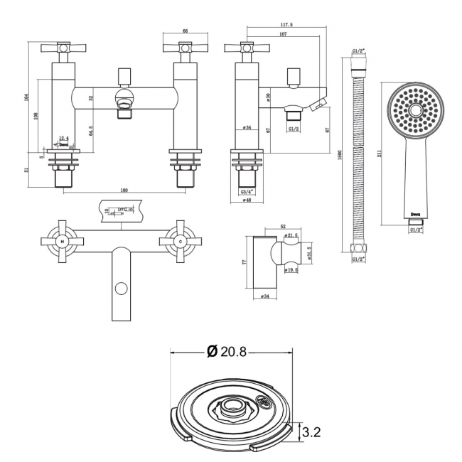 Deva Motif Pillar Mounted Bath Shower Mixer 8 litre Flow Regulator Chrome