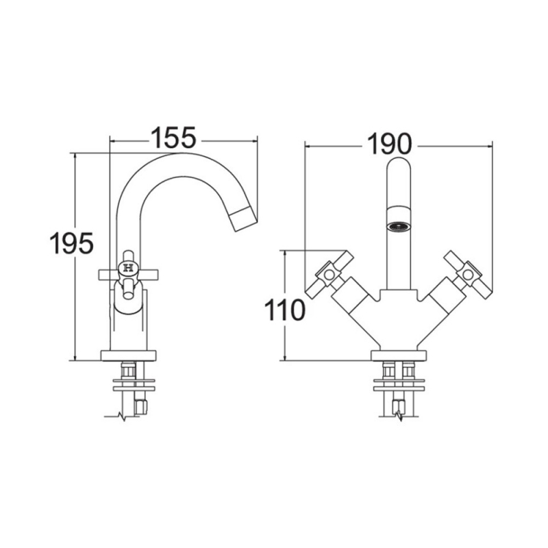 Deva Motif Mono Basin Mixer Tap with Press Top Waste - Chrome  | Dimension Image