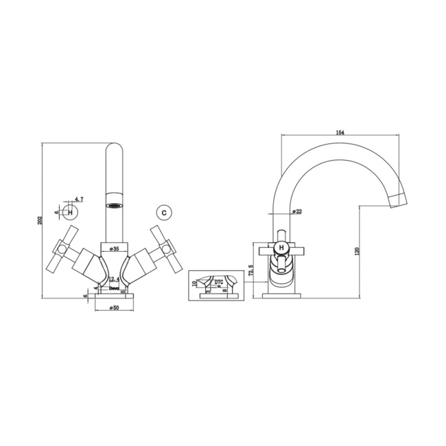 Deva Motif Mono Basin Mixer Tap with Press Top Waste - Chrome  | Dimension Image