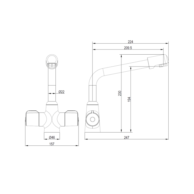 Deva Puffin Mono Kitchen Sink Mixer Tap Chrome  | Dimension Image