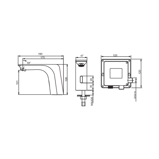 Deva Battery Operated Basin Sensor Tap SENSOR7/D - Chrome  | Dimension Image
