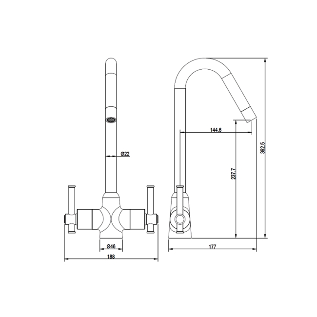 Deva Taurs Mono Kitchen Sink Mixer Tap Chrome  | Dimension Image