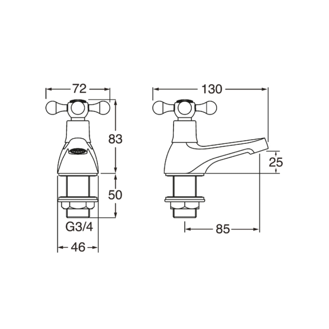 Deva Tudor Traditional Bath Taps Pair - Chrome  | Dimension Image