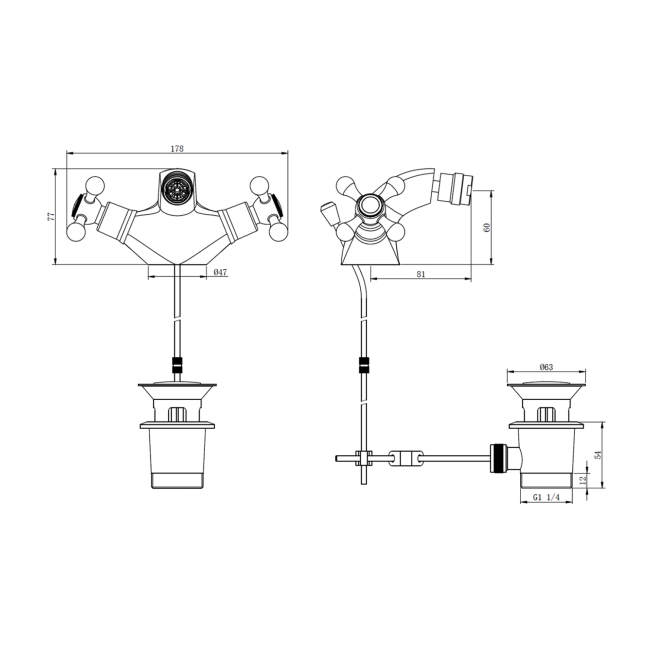Deva Tudor Mono Bidet Mixer Tap Chrome with Pop Up Waste  | Dimension Image