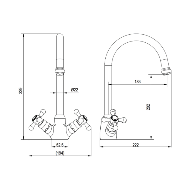 Deva Venetian Mono Kitchen Sink Mixer Tap Gold  | Dimension Image