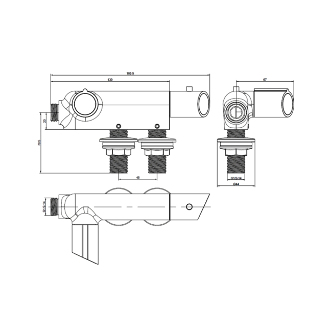 Deva Vertical L-Shaped Thermostatic Bar Shower Valve - Chrome  | Dimension Image