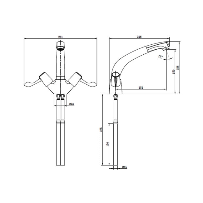 Deva Vitality Lever Action Deck Mounted Kitchen Sink Mixer Tap with Copper Tails - Chrome  | Dimension Image