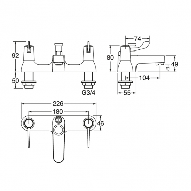 Deva Vitality Deck Mounted Bath Shower Mixer Tap - Chrome  | Dimension Image