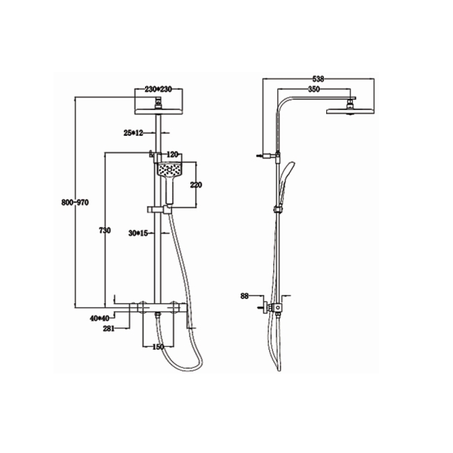 Deva Waipori Satinjet Cool to Touch Bar Shower Valve with Shower Kit + Fixed Head - Chrome  | Dimension Image