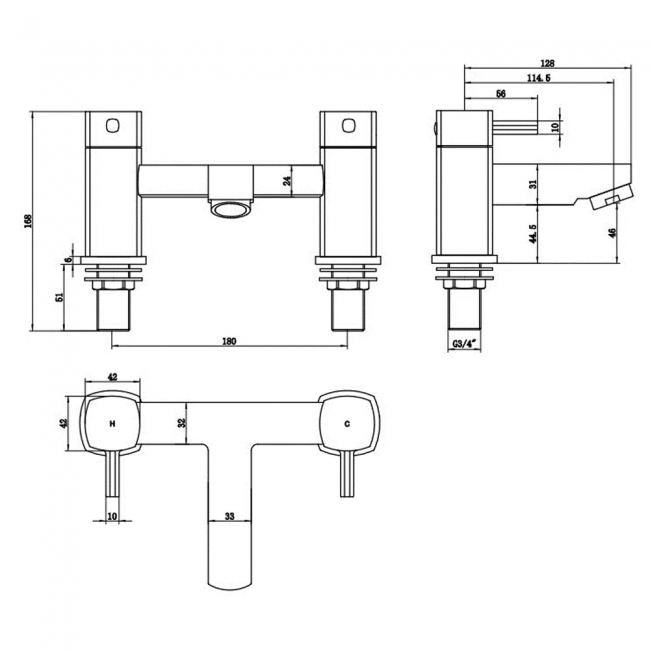 Deva Wexford Pillar Mounted Bath Filler Tap - Chrome  | Dimension Image