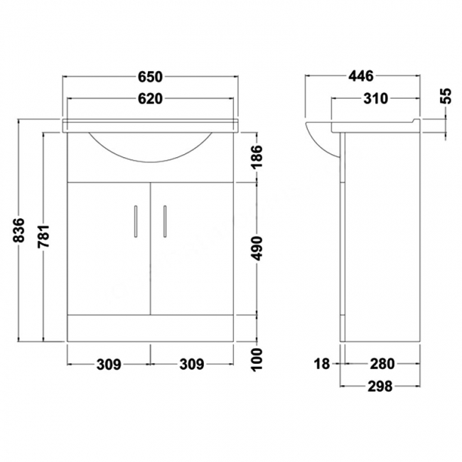 Duchy Alaska 2-Door Floor Standing Vanity Unit with Classic Basin 650mm Wide - White