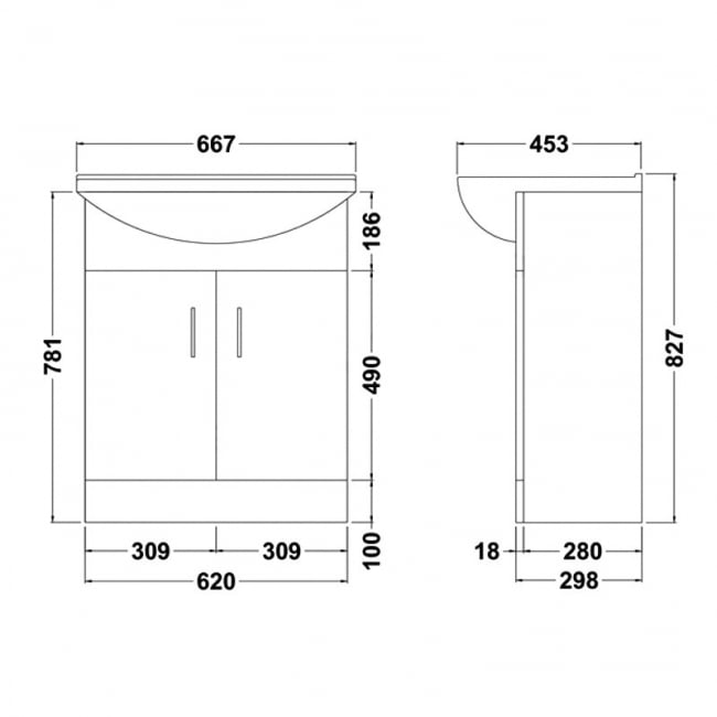 Duchy Alaska 2-Door Floor Standing Vanity Unit with Deluxe Basin 650mm Wide - White