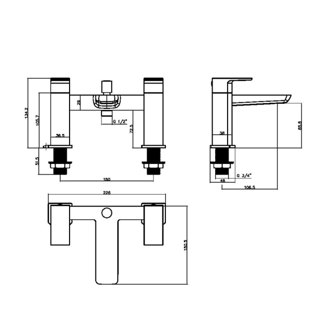 Duchy Caradon Chrome Pillar Mounted Bath Shower Tap (inc Bracket, Handset and Hose)  | Dimension Image
