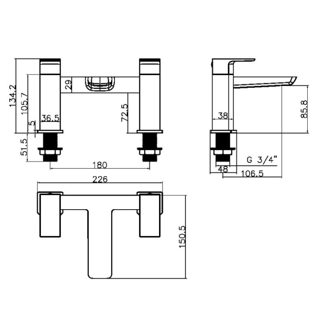 Duchy Caradon Black Pillar Mounted Bath Filler Tap  | Dimension Image