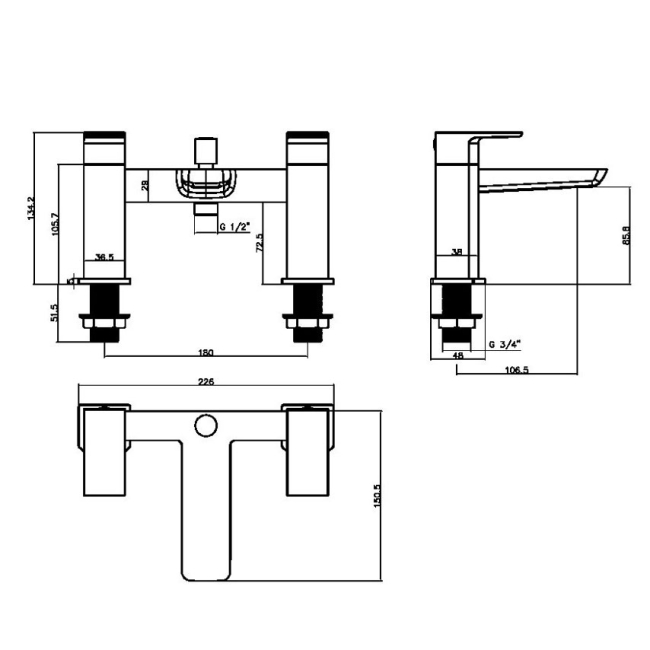Duchy Caradon Black Pillar Mounted Bath Shower Tap (inc Bracket, Handset and Hose)  | Dimension Image