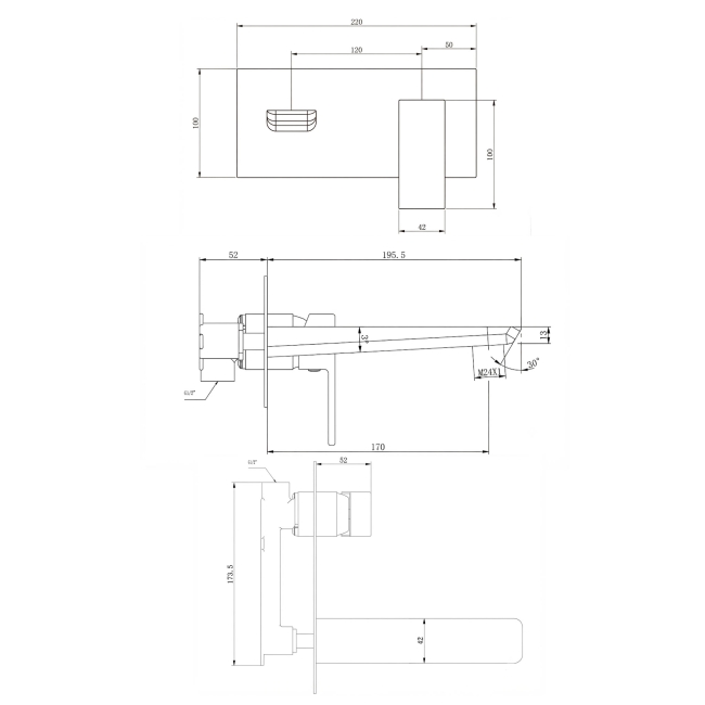 Duchy Caradon Black Wall Mounted Bath Filler Tap  | Dimension Image