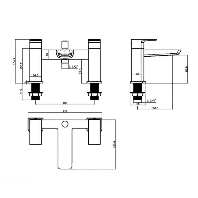 Duchy Caradon Brushed Brass Pillar Mounted Bath Shower Tap (inc Bracket, Handset and Hose)  | Dimension Image