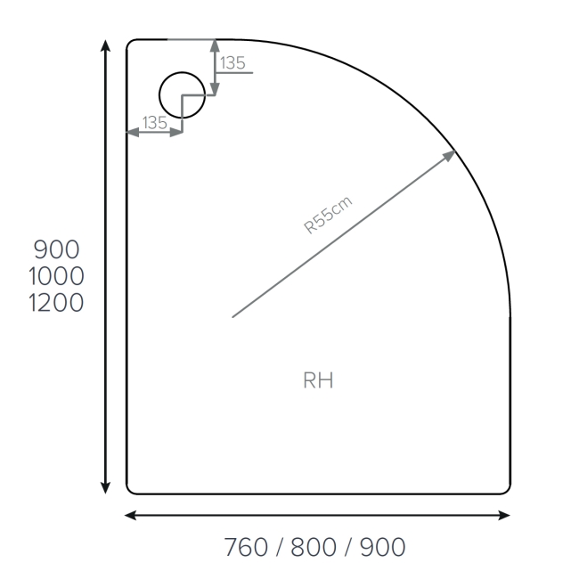 Duchy Carn Stone Resin Offset Quadrant Shower Tray 1200mm x 900mm Left Handed  | Dimension Image
