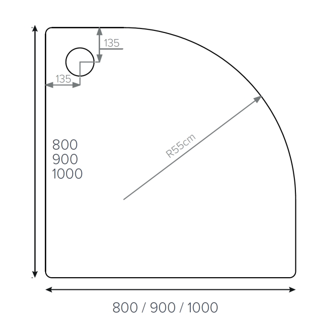 Duchy Carn Stone Resin Quadrant Shower Tray 800mm x 800mm  | Dimension Image