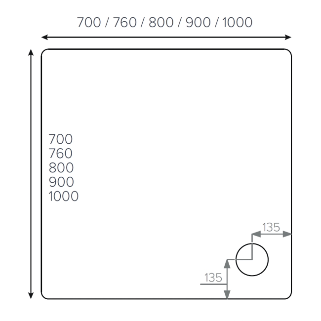Duchy Carn Stone Resin Square Shower Tray 700mm x 700mm  | Dimension Image