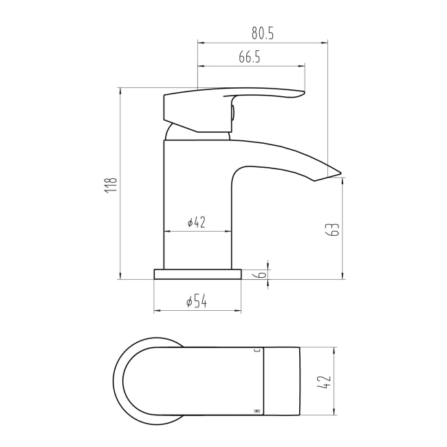 Duchy Hendra Chrome Mini Mono Basin Mixer Tap (inc Press Top Waste)  | Dimension Image