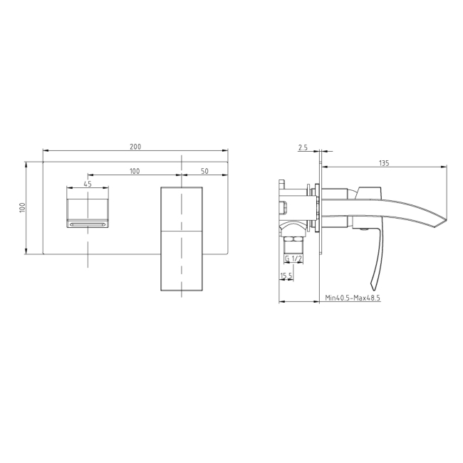Duchy Hendra Chrome Wall Mounted Basin Mixer Tap  | Dimension Image