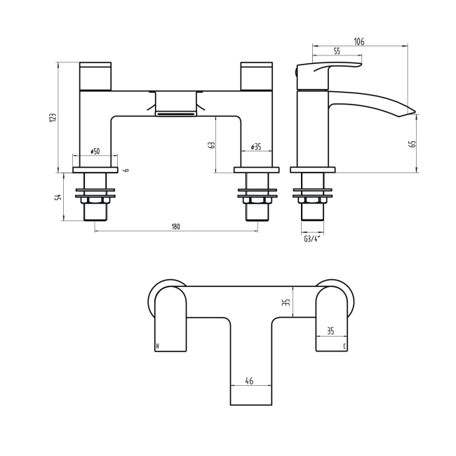 Duchy Hendra Chrome Pillar Mounted Bath Filler Tap  | Dimension Image