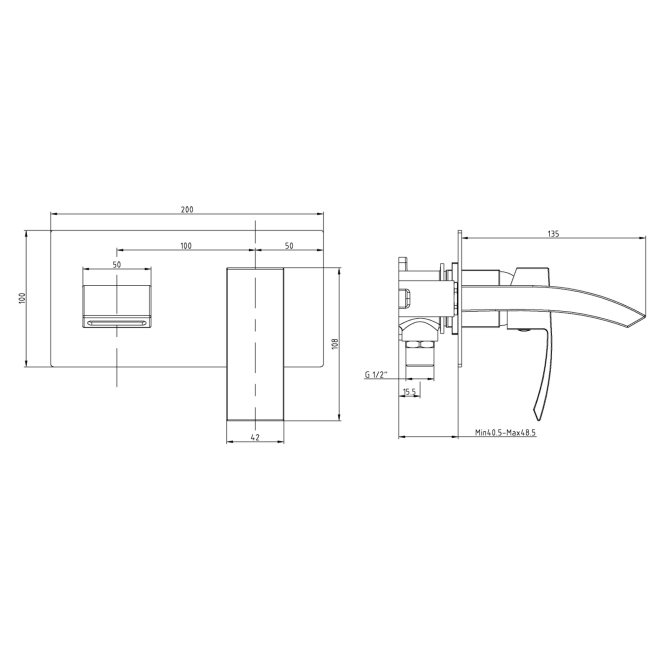 Duchy Hendra Chrome Wall Mounted Bath Filler Tap  | Dimension Image
