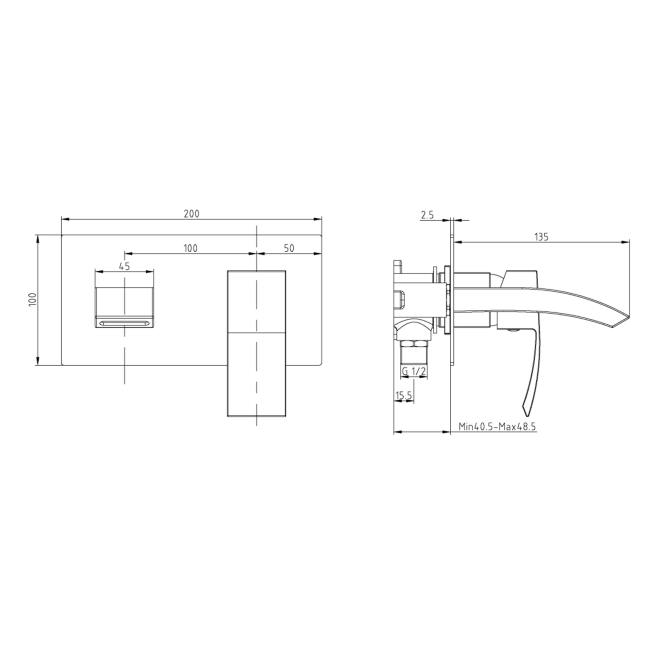 Duchy Hendra Black Wall Mounted Basin Mixer Tap  | Dimension Image