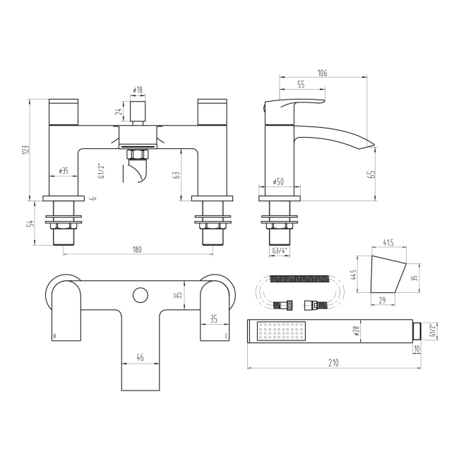 Duchy Hendra Black Pillar Mounted Bath Shower Tap (inc Bracket, Handset and Hose)  | Dimension Image