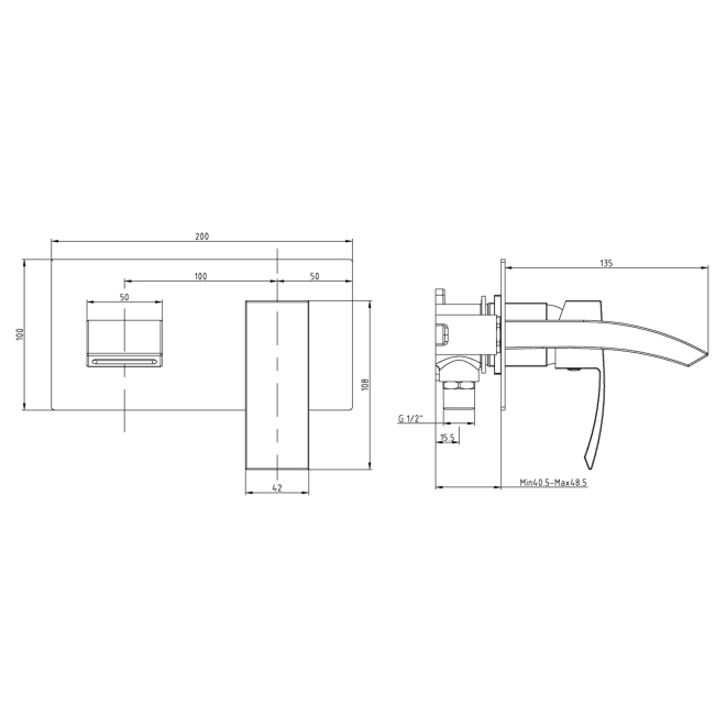Duchy Hendra Black Wall Mounted Bath Filler Tap  | Dimension Image
