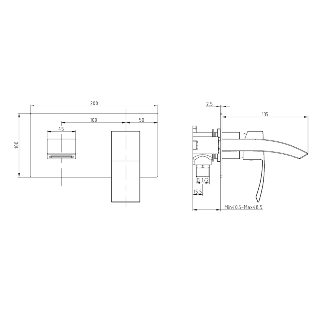 Duchy Hendra Brushed Brass Wall Mounted Basin Mixer Tap  | Dimension Image