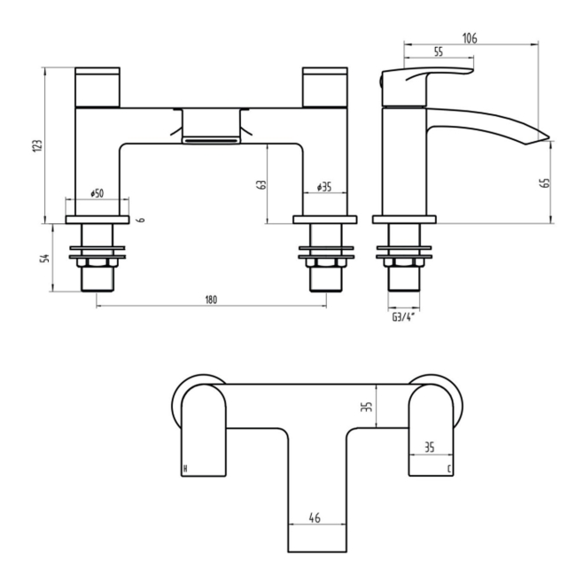 Duchy Hendra Brushed Brass Pillar Mounted Bath Filler Tap  | Dimension Image