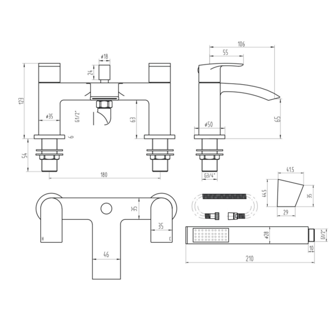 Duchy Hendra Brushed Brass Pillar Mounted Bath Shower Tap (inc Bracket, Handset and Hose)  | Dimension Image