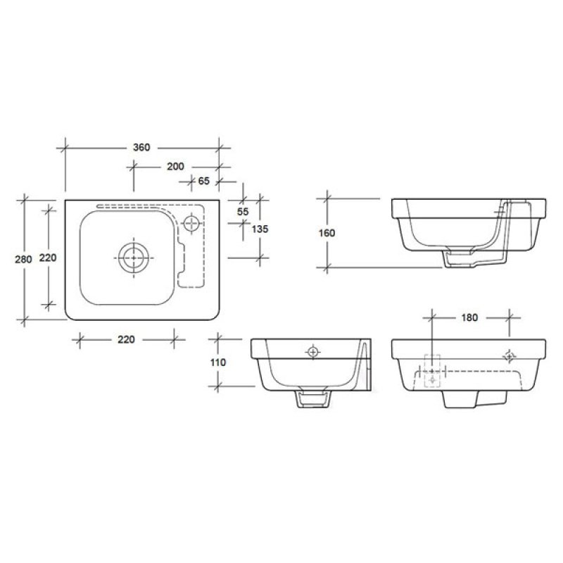 Duchy Ivy Slimline Wall Hung Basin 360mm Wide Right Handed 1 Tap Hole