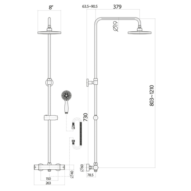 Duchy Kerensa Chrome Complete Mixer Shower with Fixed Head and Handset  | Dimension Image