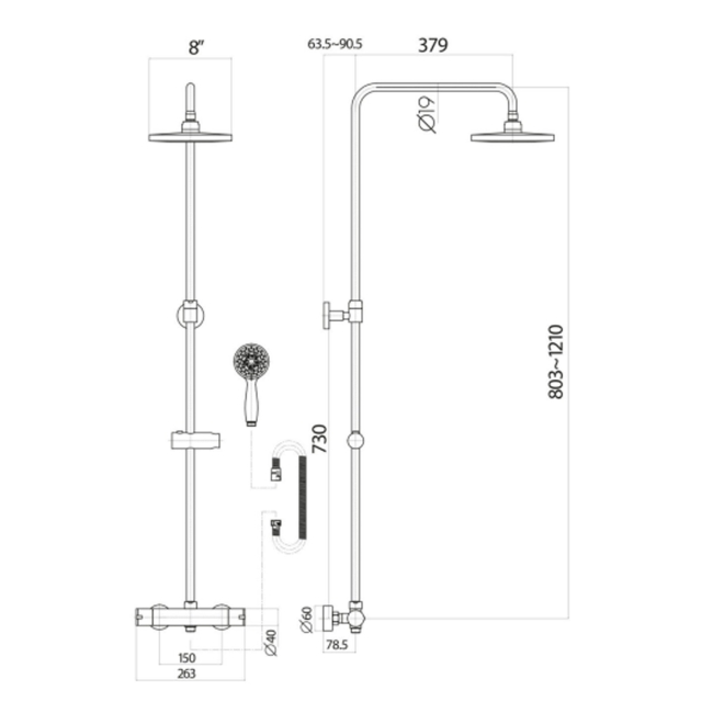 Duchy Kerensa Black Complete Mixer Shower with Fixed Head and Handset  | Dimension Image