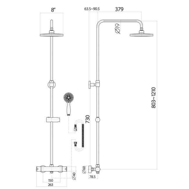 Duchy Kerensa Brushed Brass Complete Mixer Shower with Fixed Head and Handset  | Dimension Image