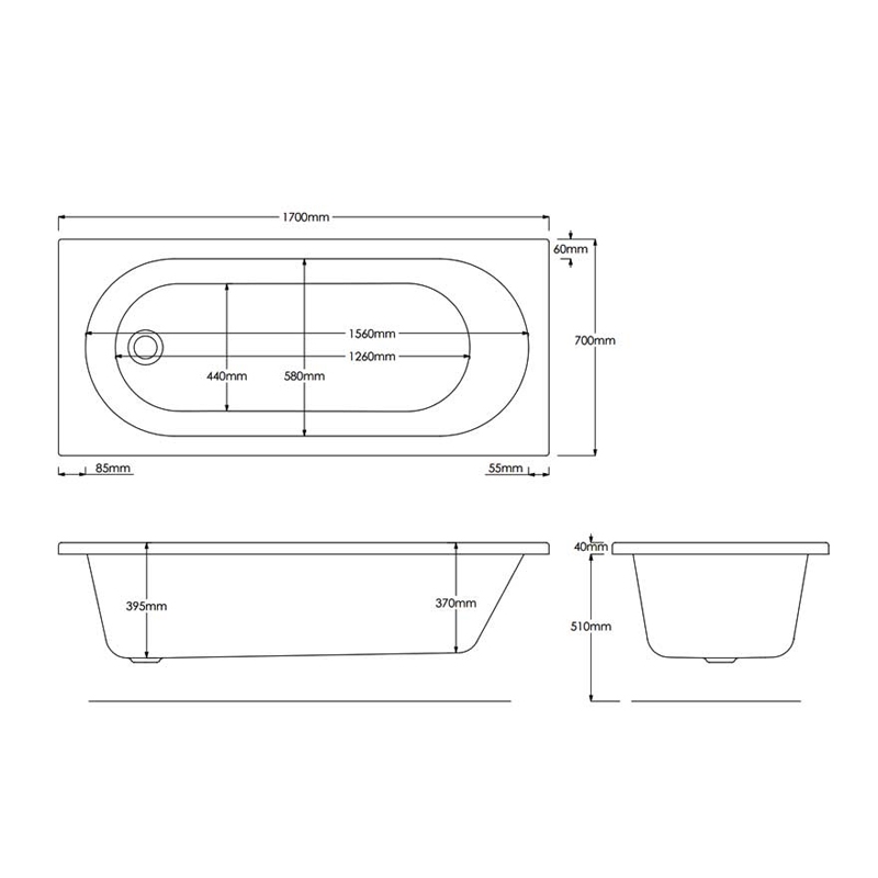 Duchy Kingston Quartz Single Ended Rectangular Bath 1700mm x 700mm Reinforced - Acrylic