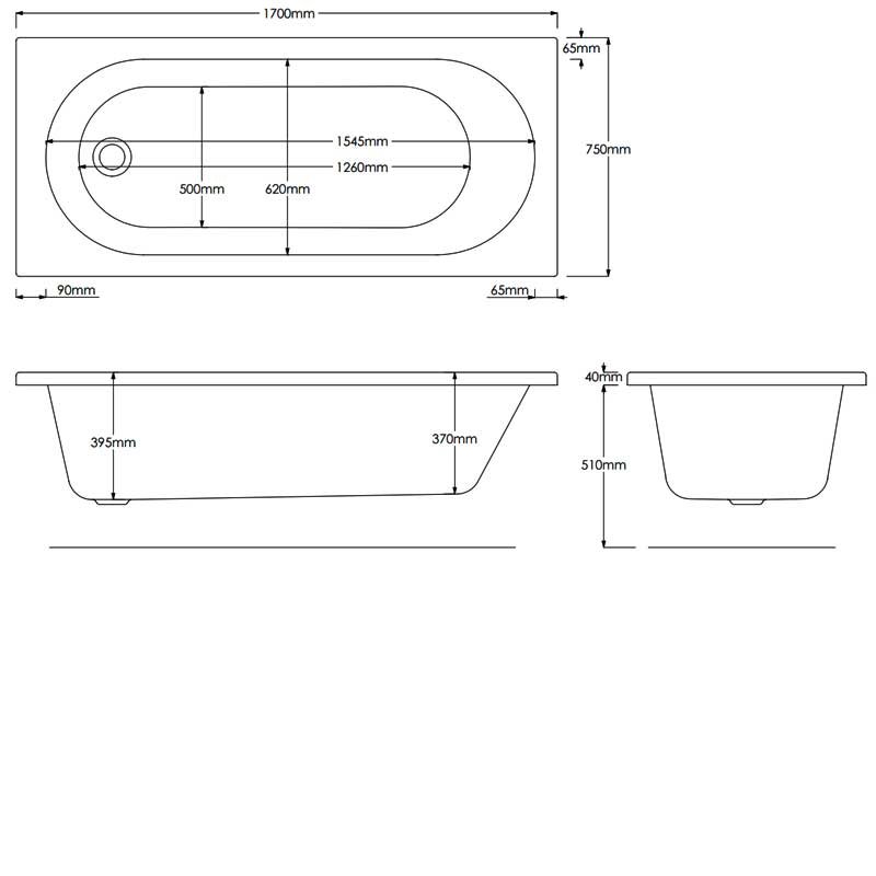 Duchy Kingston Quartz Single Ended Rectangular Bath 1700mm x 750mm Reinforced - Acrylic