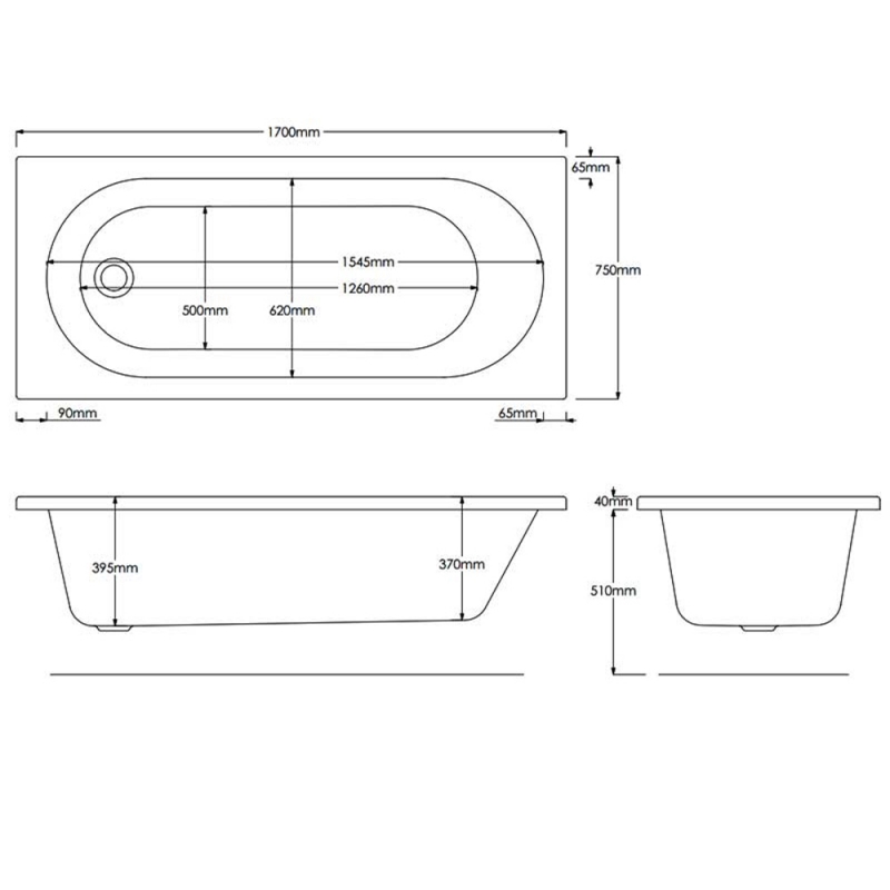 Duchy Kingston Quartz Single Ended Rectangular Bath 1700mm x 750mm Reinforced - Acrylic